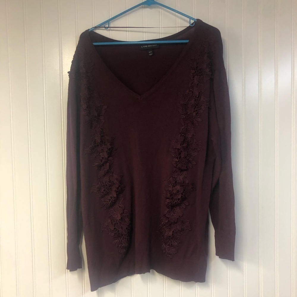 Lane Bryant Burgundy V-Neck Sweater with Floral Lace Details 18/20